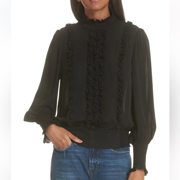 FRAME Smocked Ruffle Blouse in Noir - Picture 1 of 11